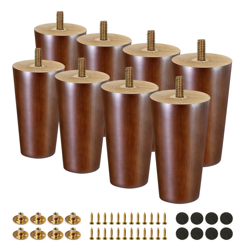 FoDau770 Brown Rubber Wood Furniture Legs 4 Inches, Straight Tapered Wood Legs Mid Century Sofa Legs Set of 8, 5/16"" UNC Furniture Feet Replacement Legs for Sofa Couch Dresser Chair Ottoman - Image 1